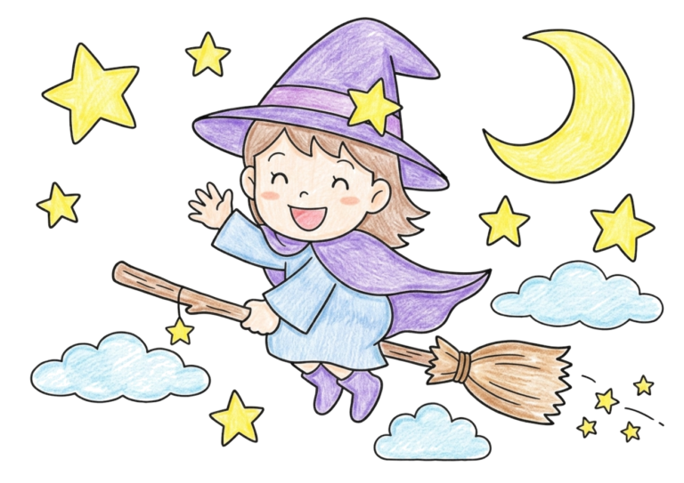ほうきで飛ぶハロウィンの魔女の塗り絵イラスト