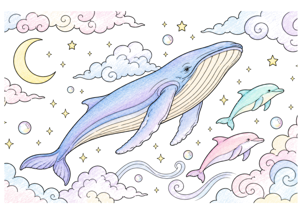 星空のクジラとイルカの塗り絵イラスト｜高齢者向け 無料ダウンロード・印刷OK（カラー見本と白黒線画）