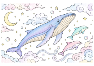 星空のクジラとイルカの塗り絵イラスト|高齢者向け 無料ダウンロード・印刷OK(カラー見本と白黒線画)