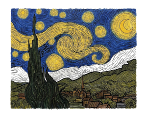 星月夜の塗り絵イラスト 色鉛筆で塗ったカラー見本(無料・印刷OK)