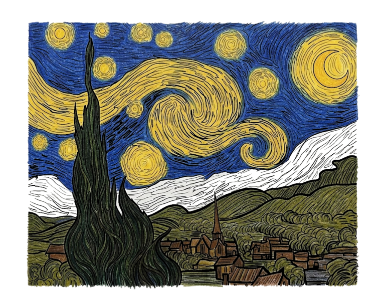 星月夜の塗り絵イラスト