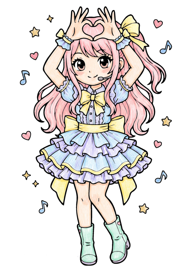 アイドル衣装の女の子の塗り絵 フリルとハートポーズ（カラー見本）