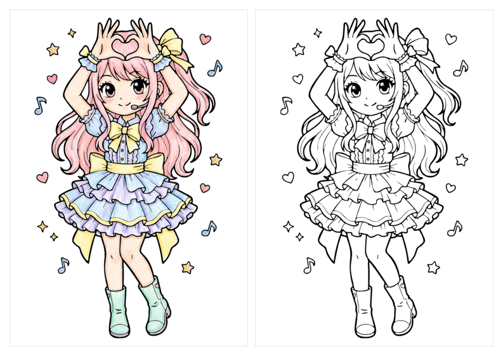 ハートポーズのアイドル衣装 女の子の塗り絵|フリルたっぷり 無料ダウンロード(カラー見本と白黒線画)