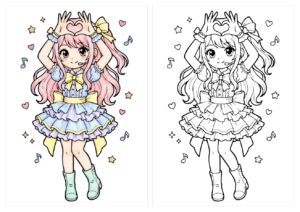 ハートポーズのアイドル衣装 女の子の塗り絵|フリルたっぷり 無料ダウンロード(カラー見本と白黒線画)