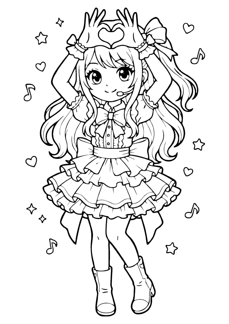 アイドル衣装の女の子の塗り絵 フリルとハートポーズ（白黒線画）