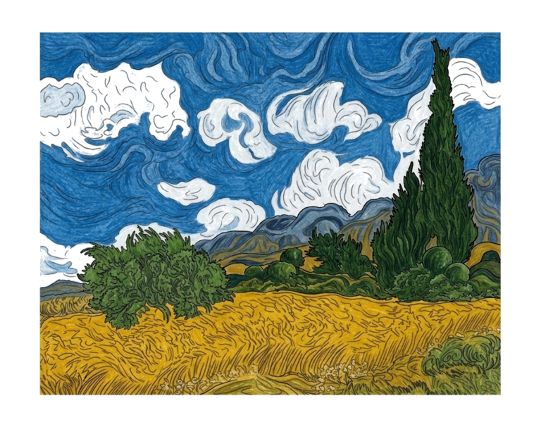 糸杉のある麦畑の塗り絵イラスト