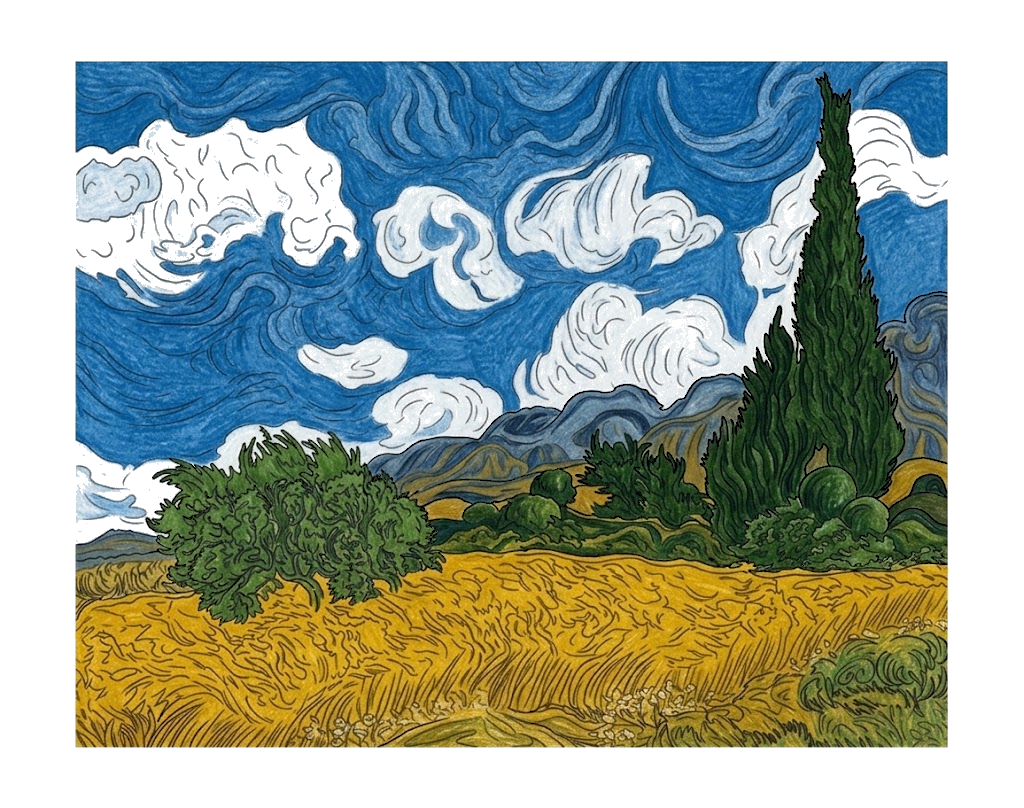 糸杉のある麦畑の塗り絵イラスト 色鉛筆で塗ったカラー見本(無料・印刷OK)