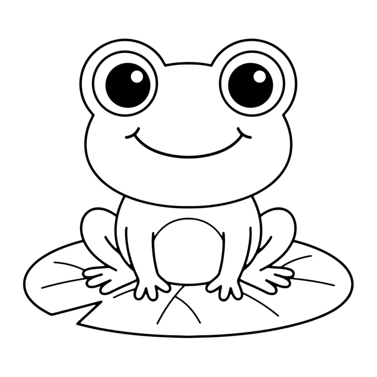 はっぱの上のかえるのイラスト（線画）｜壁面かざり用・背景透過PNG