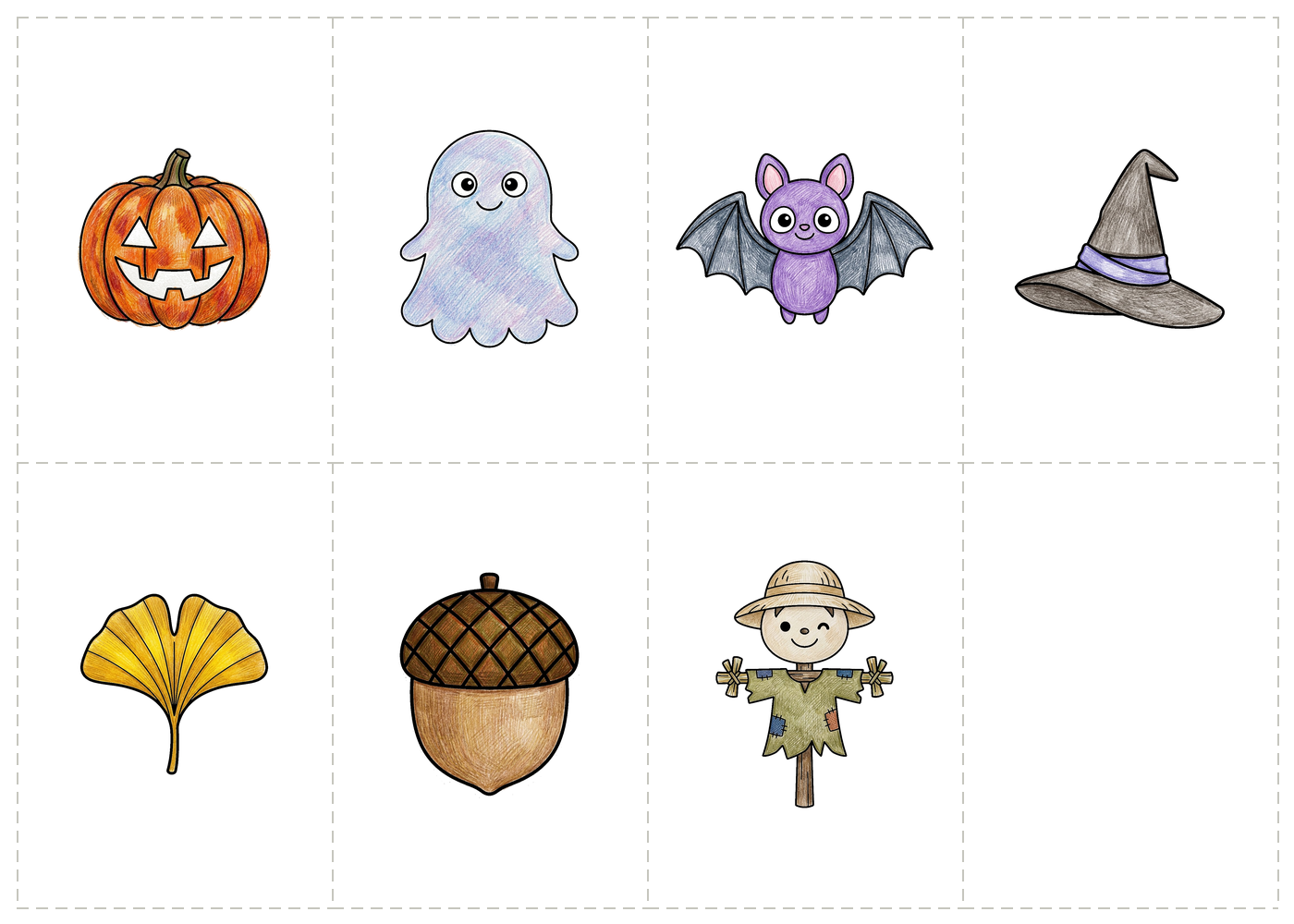 10月の壁面かざり｜ハロウィン・秋の無料イラスト（塗って切って飾る）