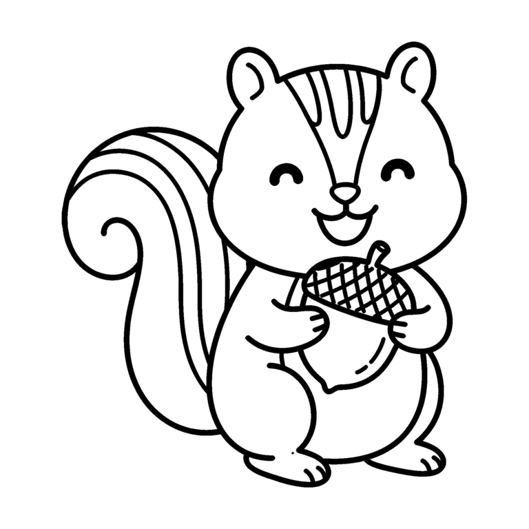 りすとどんぐりのイラスト（線画）｜壁面かざり用・背景透過PNG