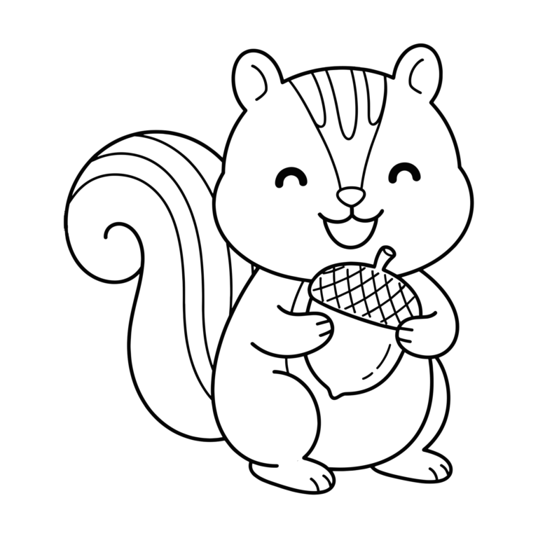 りすとどんぐりのイラスト（線画）｜壁面かざり用・背景透過PNG