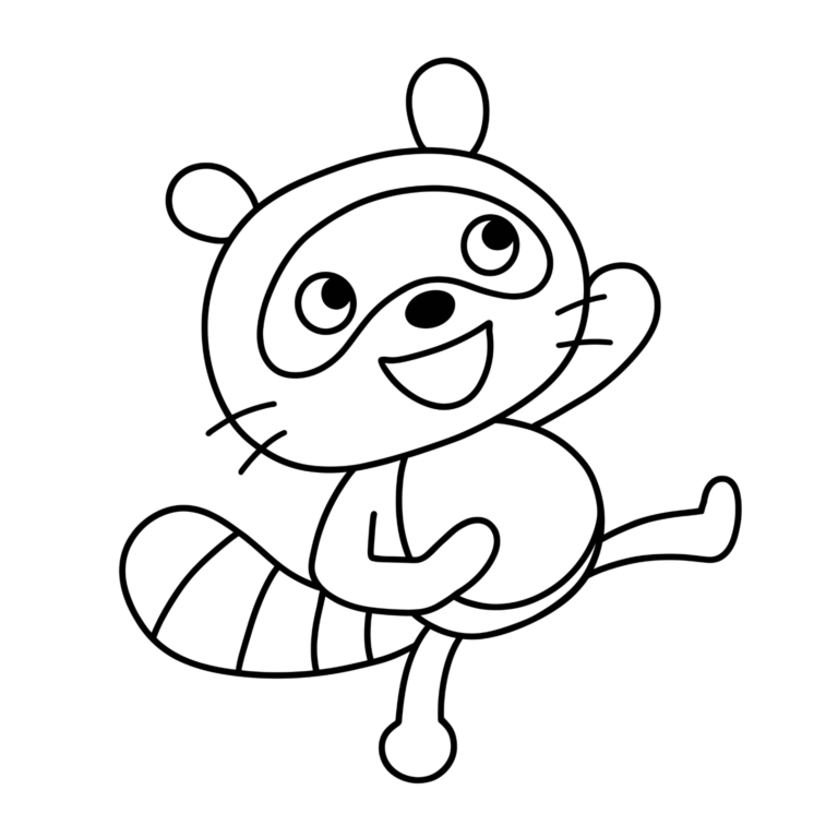 バンザイたぬきのイラスト（線画）｜壁面かざり用・背景透過PNG