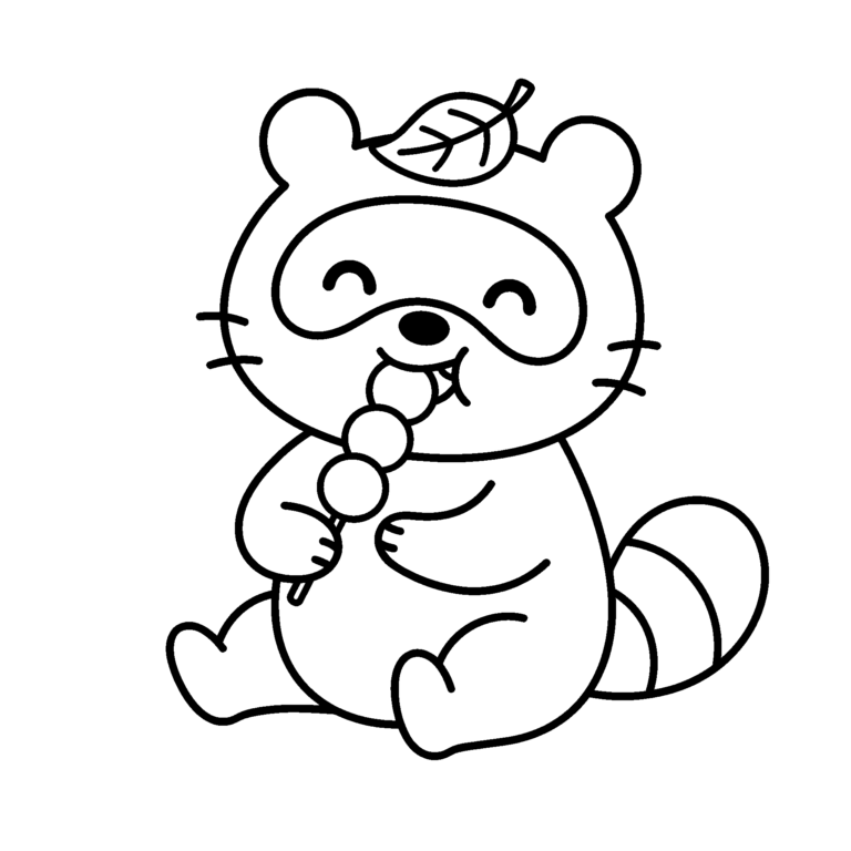 おだんごたぬきのイラスト（線画）｜壁面かざり用・背景透過PNG