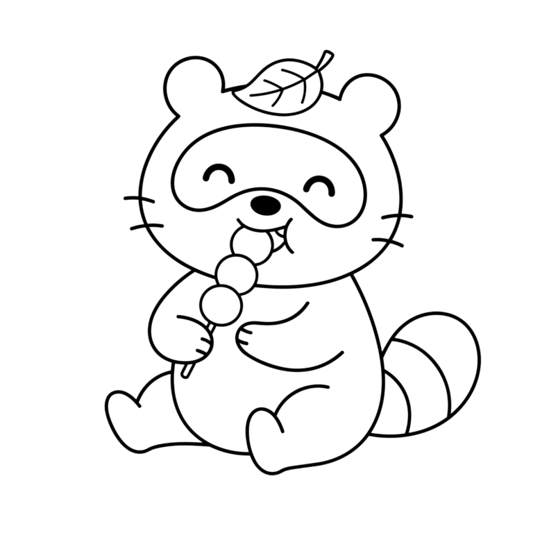 おだんごたぬきのイラスト（線画）｜壁面かざり用・背景透過PNG