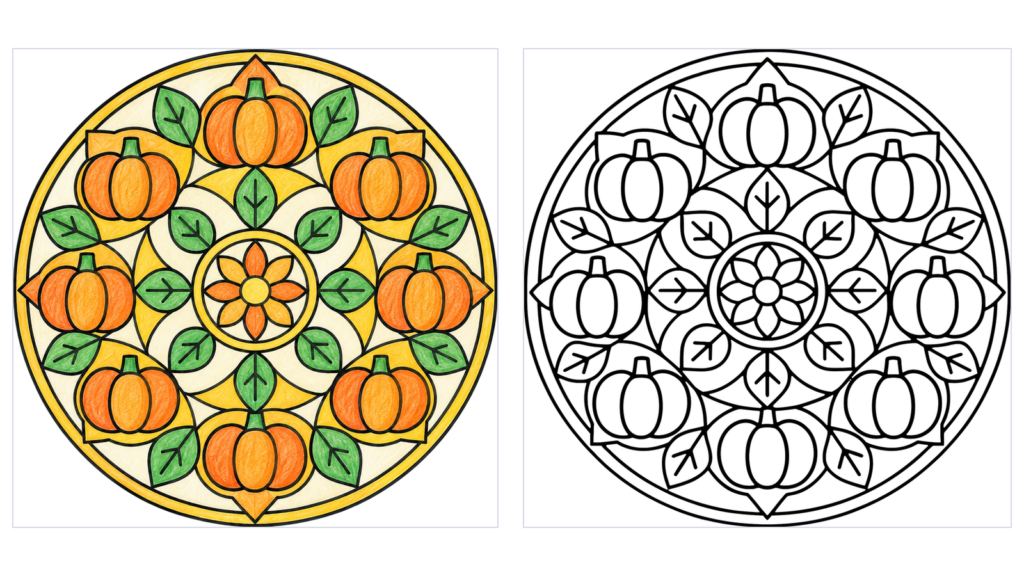 かぼちゃの曼荼羅の塗り絵（カラー見本と白黒線画）