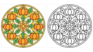 かぼちゃの曼荼羅の塗り絵（カラー見本と白黒線画）