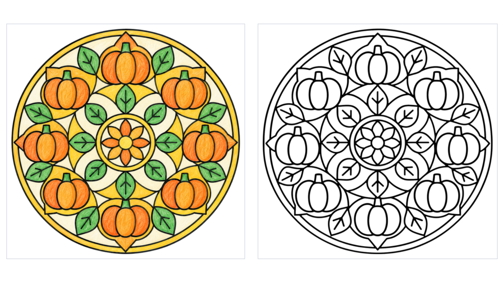 かぼちゃの曼荼羅の塗り絵(カラー見本と白黒線画)