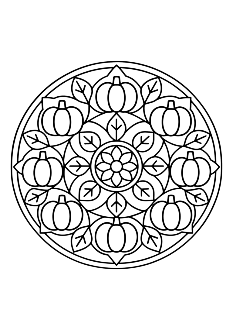 かぼちゃと葉の曼荼羅の塗り絵 ステンドグラス風（白黒線画）