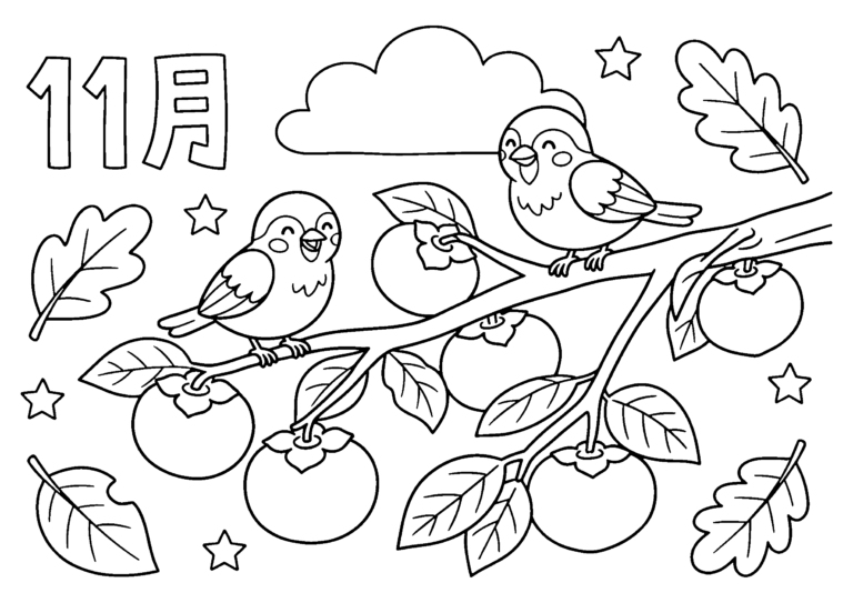 柿とすずめの塗り絵の白黒線画(高齢者向け・11月)