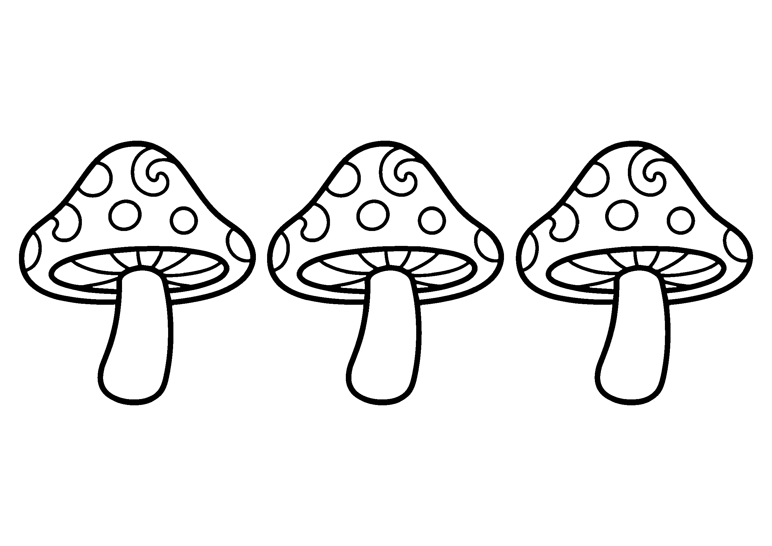 きのこの塗り絵 水玉もようのきのこ三本(白黒線画)