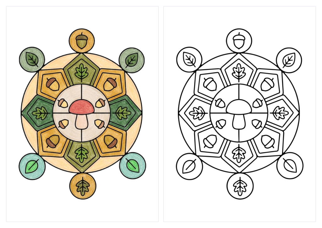 きのこの曼荼羅の塗り絵(カラー見本と白黒線画)