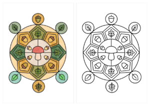 きのこの曼荼羅の塗り絵(カラー見本と白黒線画)