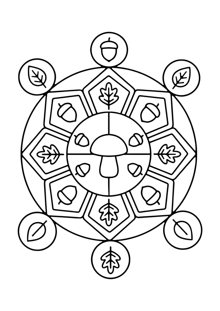 きのこの曼荼羅ぬりえ(白黒線画)