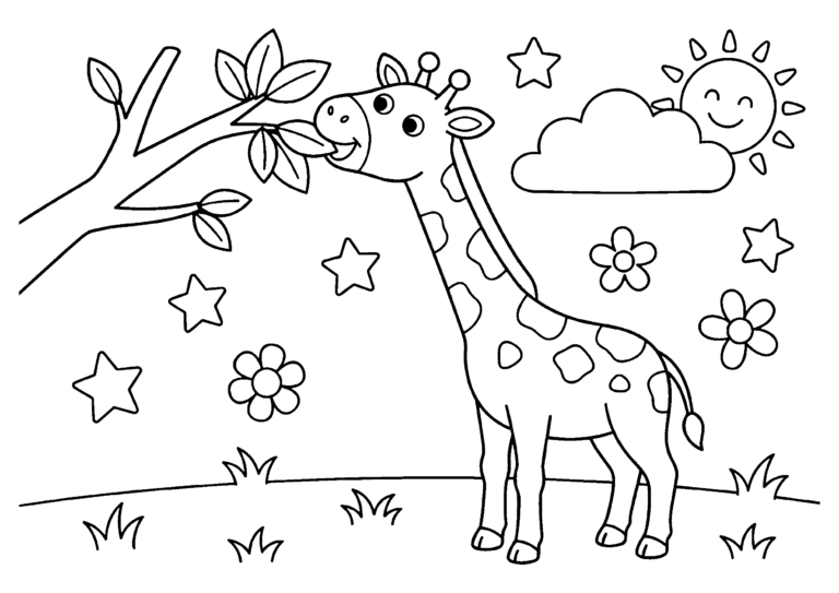 きりんの塗り絵 首をのばして木の葉を食べるキリン(白黒線画)