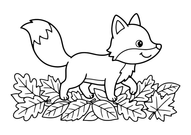 落ち葉の上を歩くきつねの塗り絵(白黒線画)