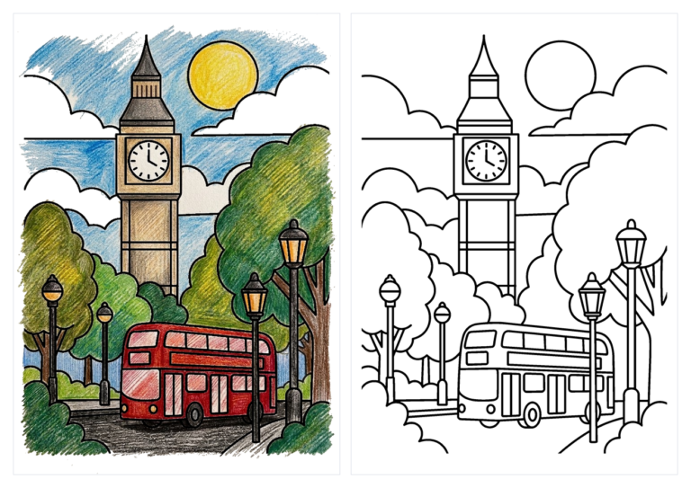ロンドンの街並みの塗り絵