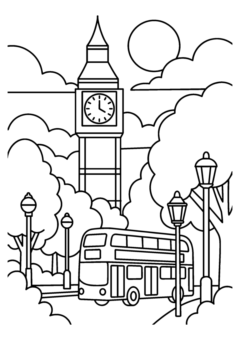 ロンドンの街並みの塗り絵(白黒線画)