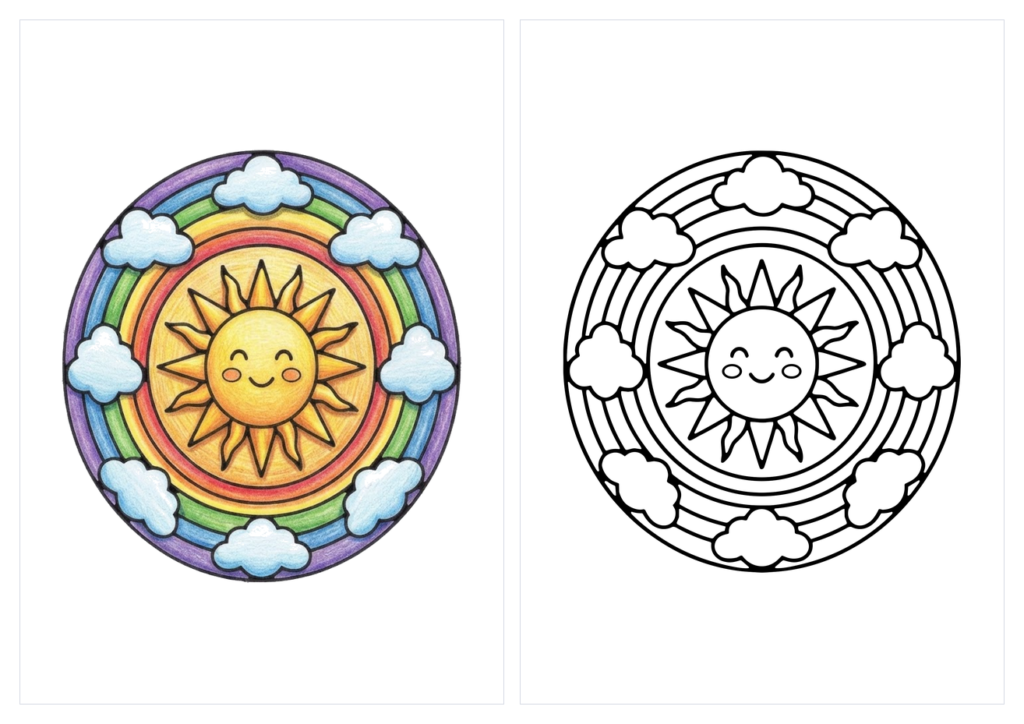 にじと太陽の曼荼羅の塗り絵(カラー見本と白黒線画)