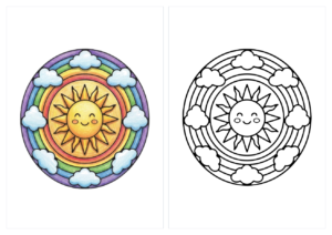 にじと太陽の曼荼羅の塗り絵（カラー見本と白黒線画）