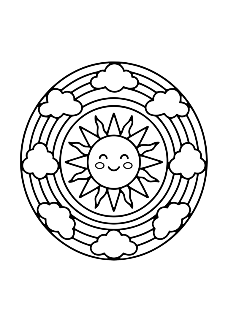 にじと太陽の曼荼羅の塗り絵（白黒線画）