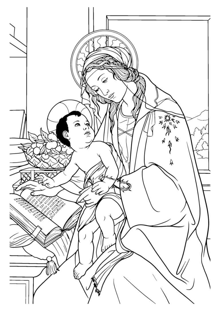 名画・聖母子の塗り絵（白黒線画）
