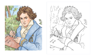 ミサ・ソレムニスを作曲中のベートーヴェンの肖像画の塗り絵イラスト(色鉛筆のカラー見本と白黒線画)