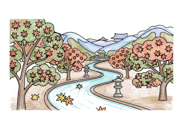 もみじの散歩道の塗り絵 並木と石灯籠のある道（カラー見本）