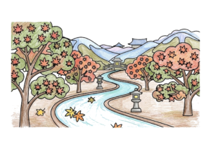 もみじの散歩道の塗り絵｜紅葉狩り 無料ダウンロード・印刷OK（カラー見本と白黒線画）
