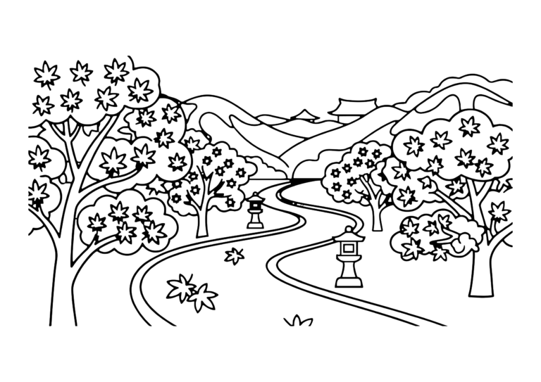もみじの散歩道の塗り絵 並木と石灯籠のある道（白黒線画）