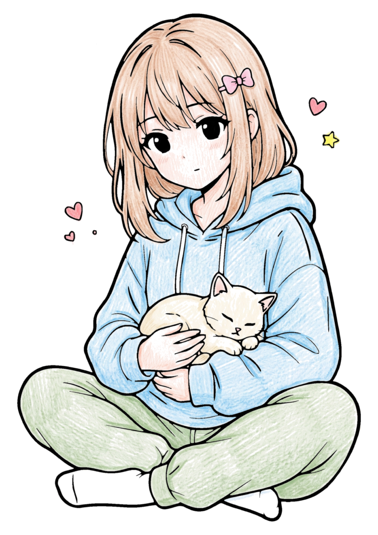 猫を抱っこする女の子の塗り絵 パーカー姿(カラー見本)