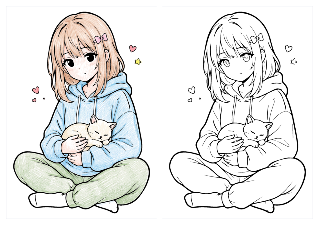 猫を抱っこする女の子の塗り絵|パーカー・無料ダウンロード(カラー見本と白黒線画)