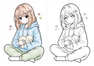 猫を抱っこする女の子の塗り絵|パーカー・無料ダウンロード(カラー見本と白黒線画)