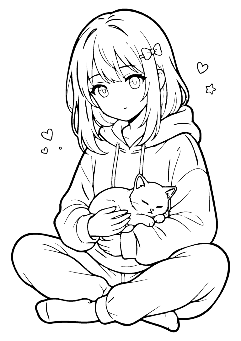 猫を抱っこする女の子の塗り絵 パーカー姿(白黒線画)