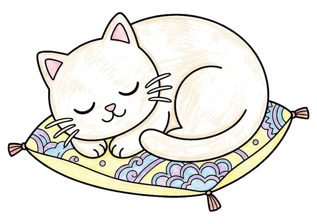 クッションで眠る猫の塗り絵（カラー見本と白黒線画）