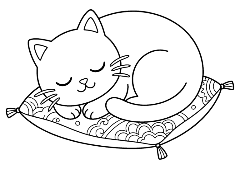 クッションで眠る猫の塗り絵（白黒線画）