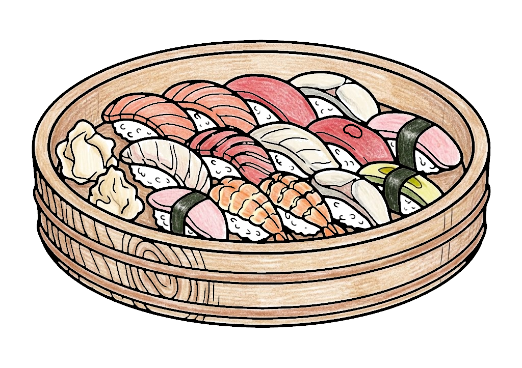 お寿司（桶盛り）の塗り絵（カラー見本と白黒線画）
