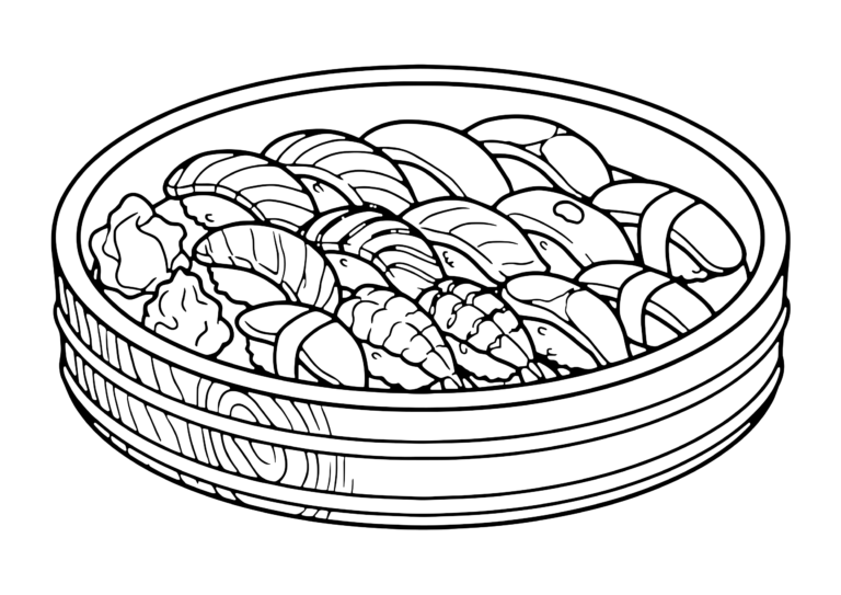 お寿司(桶盛り)の塗り絵(白黒線画)