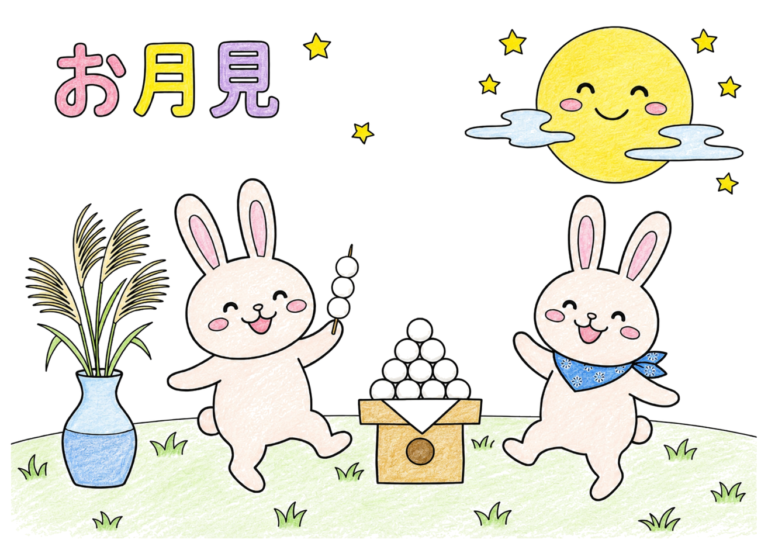 お月見だんごとうさぎの塗り絵イラスト