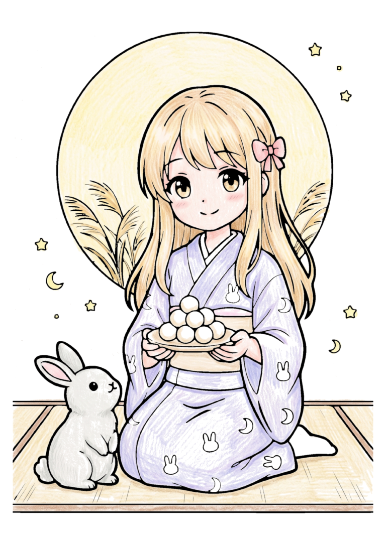 お月見の塗り絵 着物の女の子とうさぎ・満月（カラー見本）