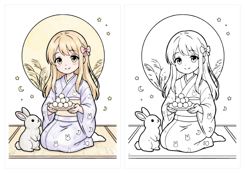 お月見の女の子（着物・うさぎ）の塗り絵｜十五夜・無料ダウンロード（カラー見本と白黒線画）